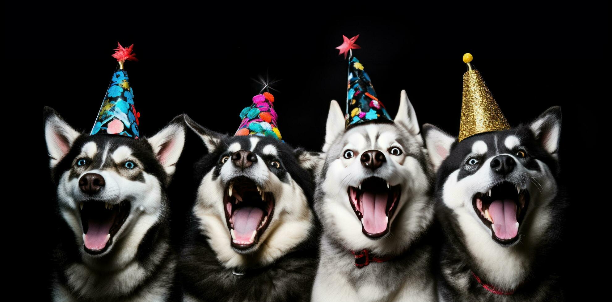 AI generated Three dogs in party hats standing over a black background photo