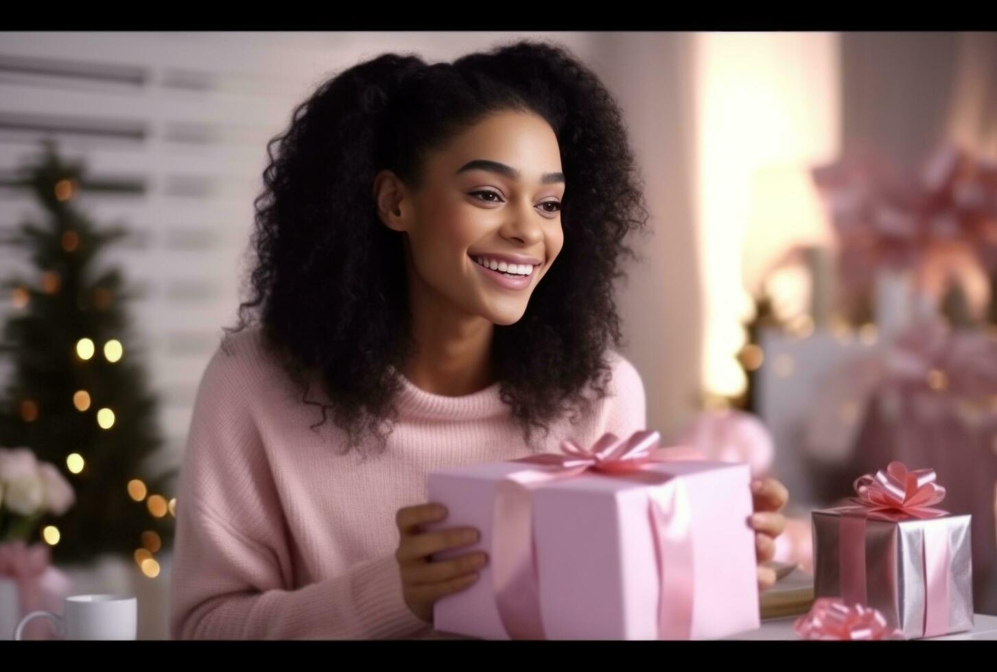 AI generated woman smiling at gifts girl's present photo