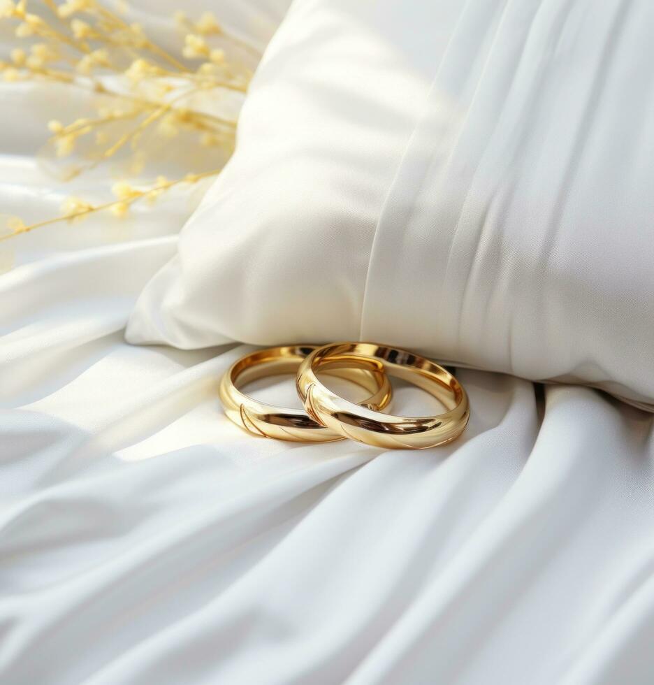 ai generado Boda anillos en almohada foto