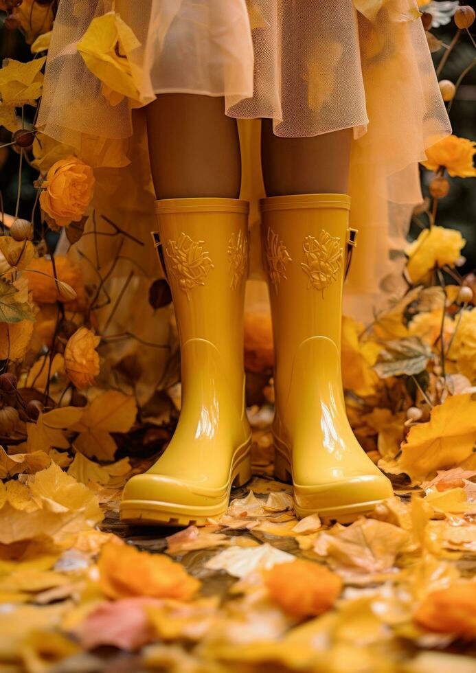 ai generado amarillo lluvia botas participación amarillo flor foto