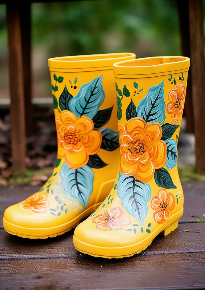 ai generado amarillo lluvia botas con flores y hojas foto