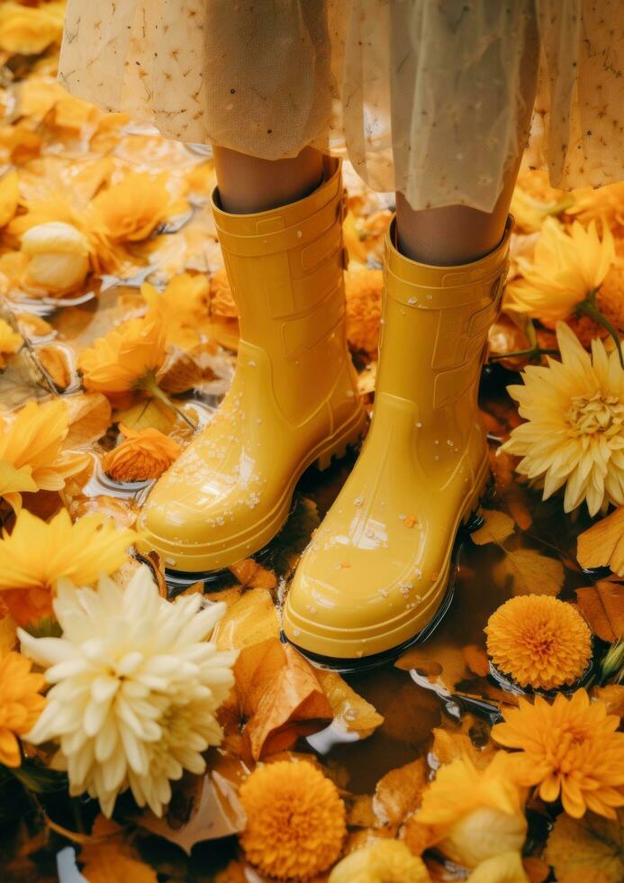 AI generated yellow rain boots holding yellow flower photo