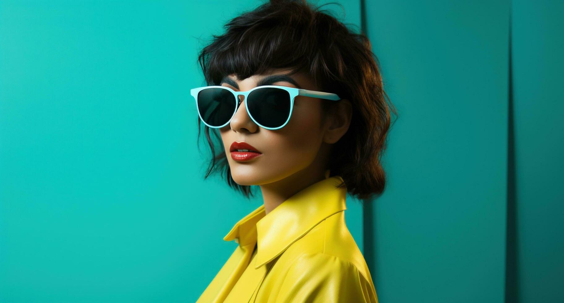 AI generated young woman in yellow sunglasses standing up photo