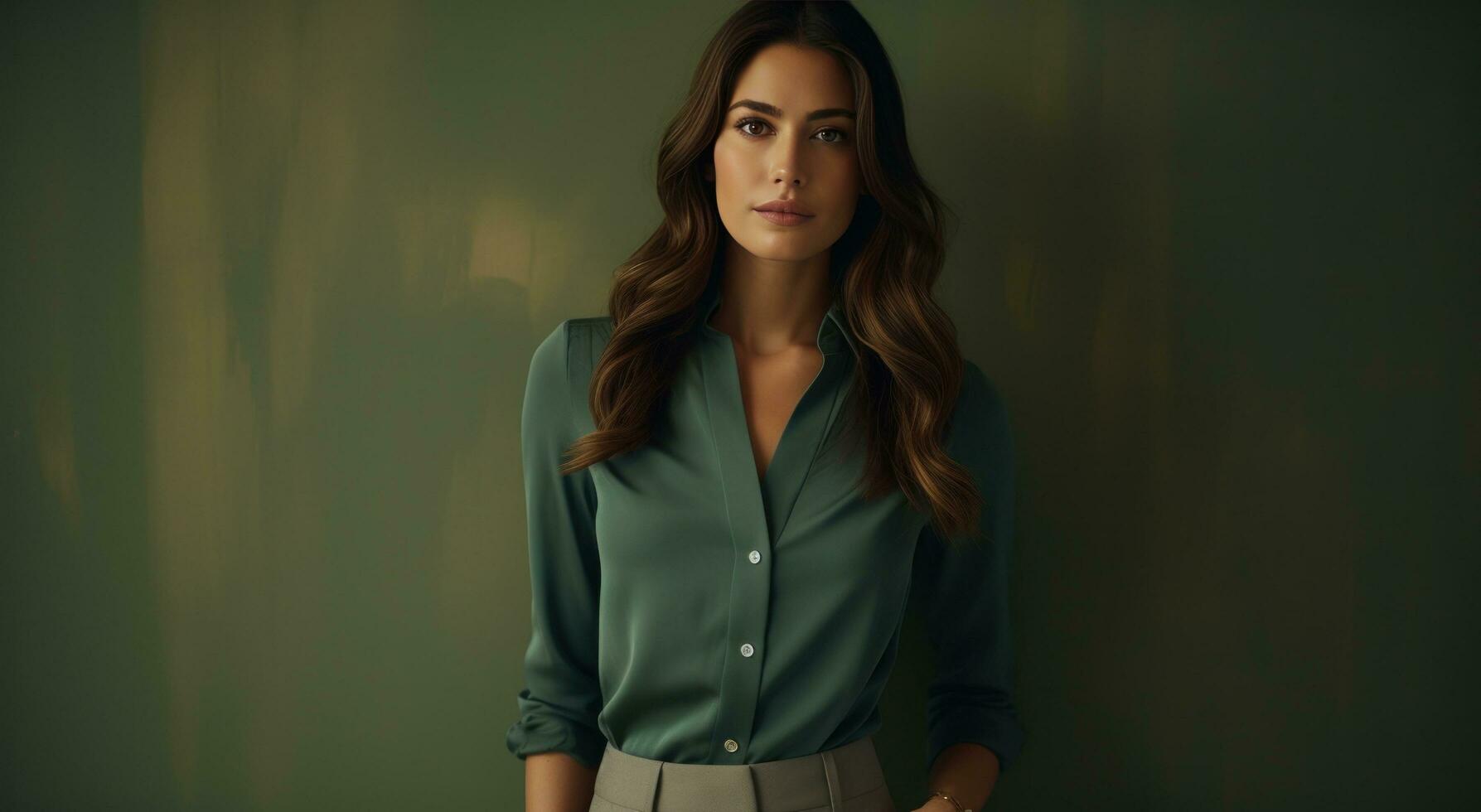 AI generated woman standing behind wall in a green shirt photo