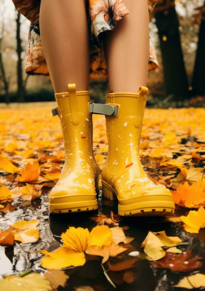 ai generado amarillo lluvia botas participación amarillo flor foto