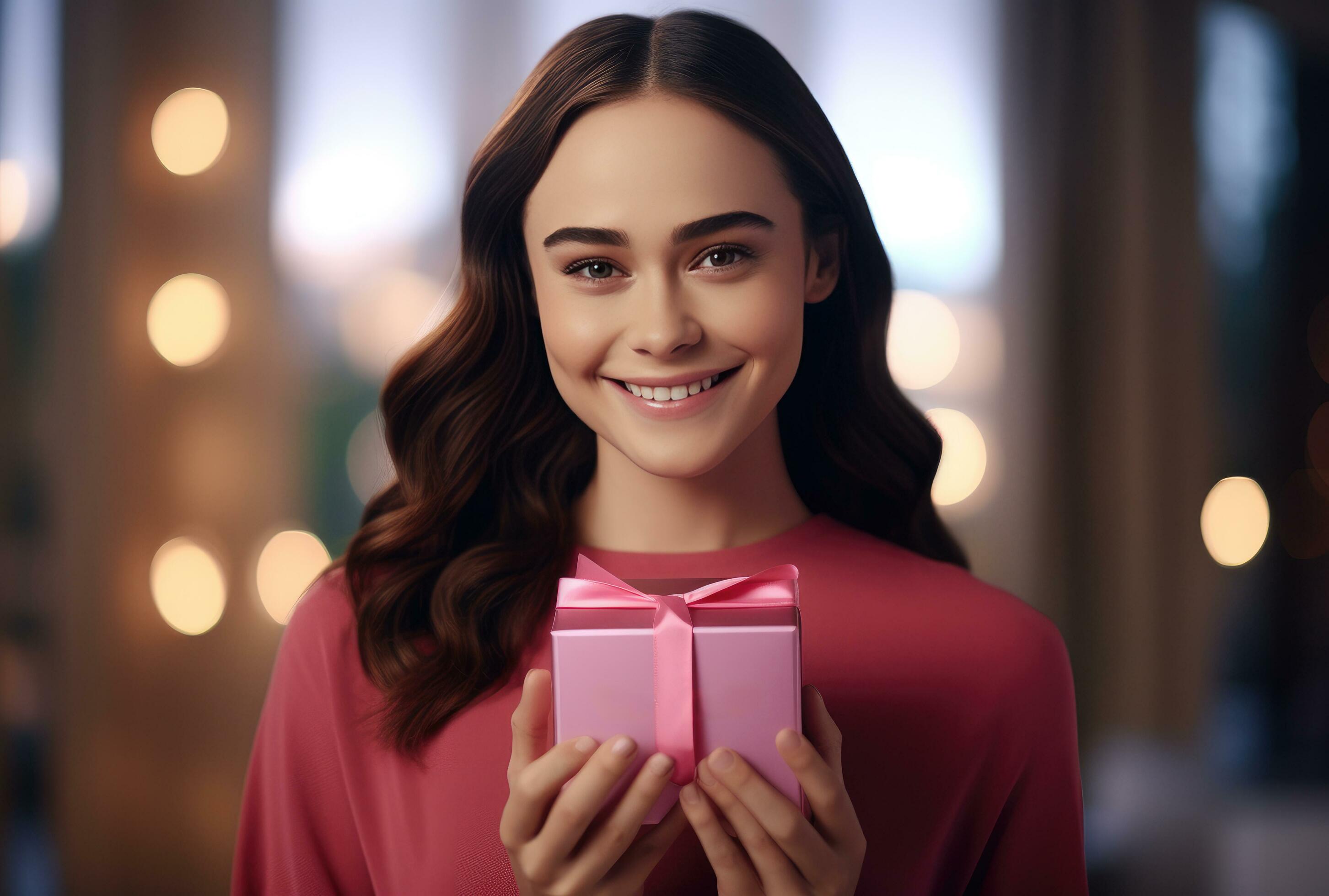 AI Generated A Woman Holding A Pink Gift Box With A Smile On Her Face ai-generated-a-woman-holding-a-pink-gift-box-with-a-smile-on-her-face
