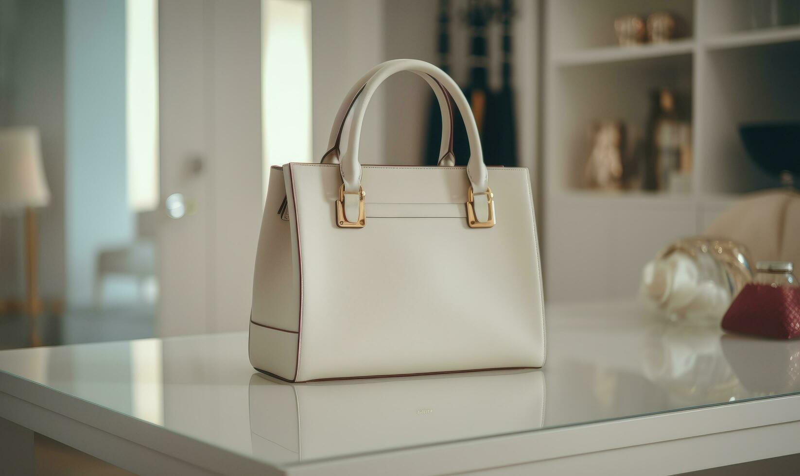 AI generated a white handbag is sitting on a display cabinet photo