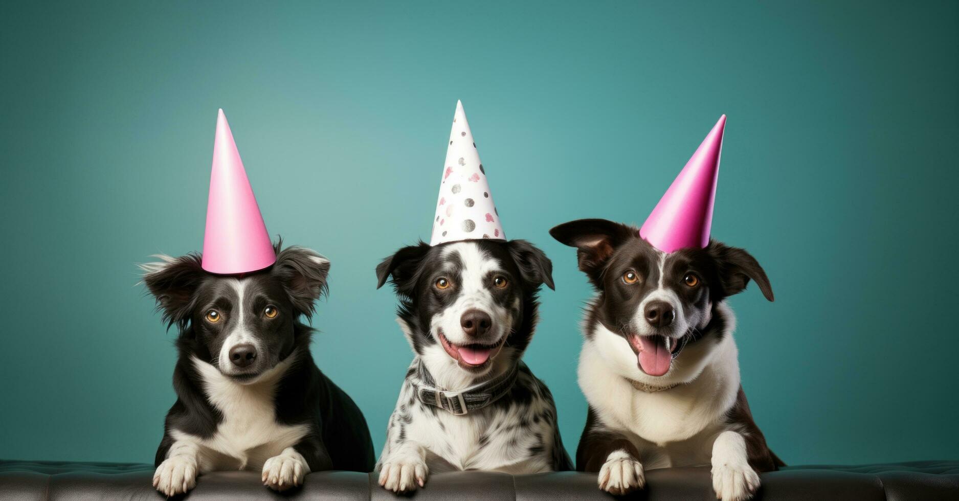 ai generado Tres perros en fiesta sombreros en pie terminado un negro antecedentes foto