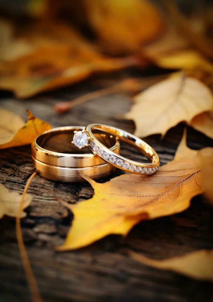 AI generated two wedding rings were placed on top of a wooden surface and are surrounded photo