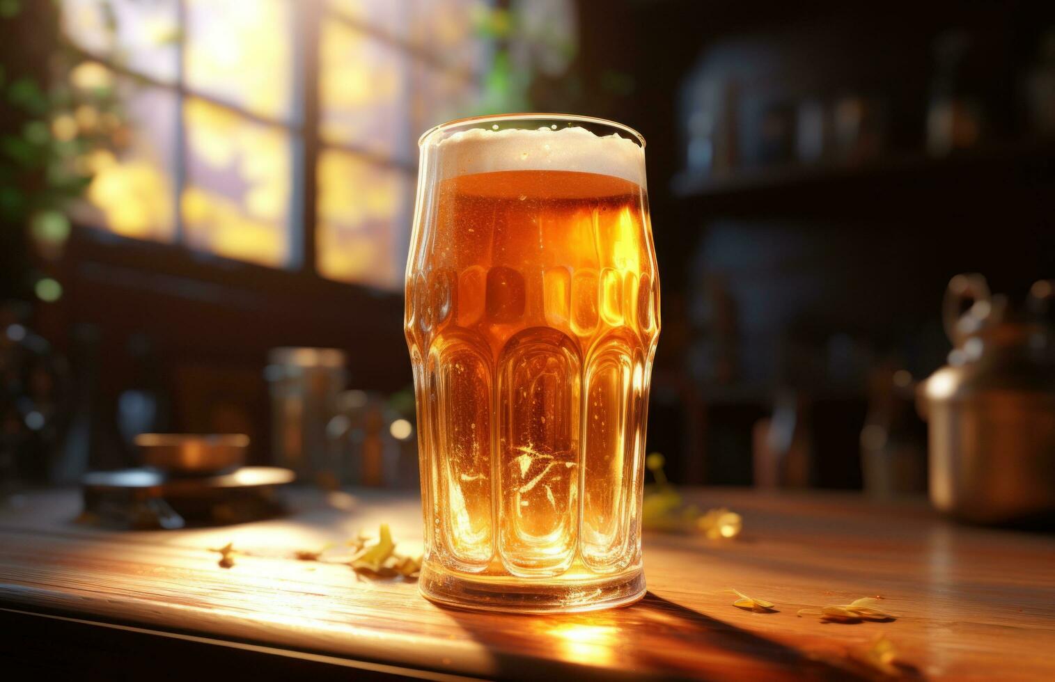 AI generated a beer glass with light shining through on the table photo