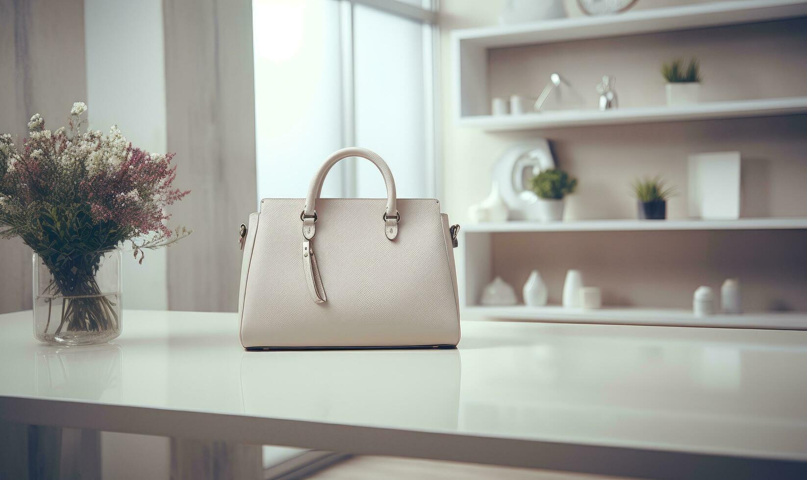 AI generated a white handbag is sitting on a display cabinet photo