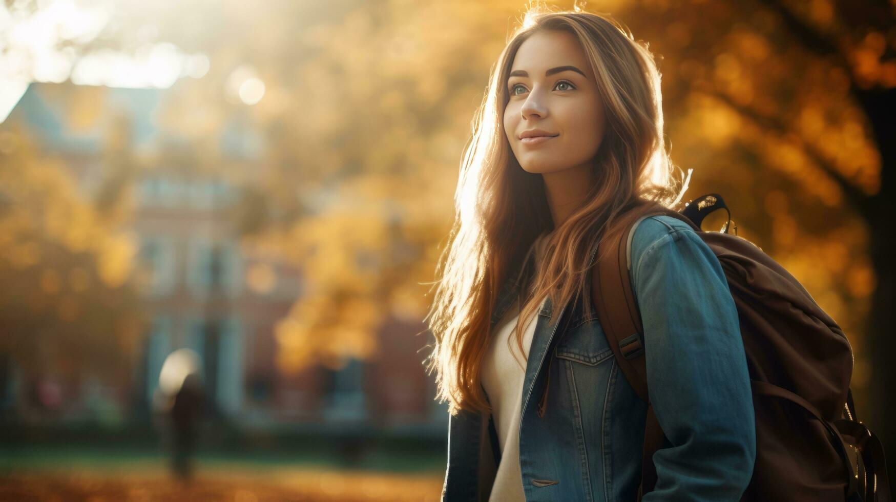 AI generated a beautiful young woman walking in a park wearing a backpack photo