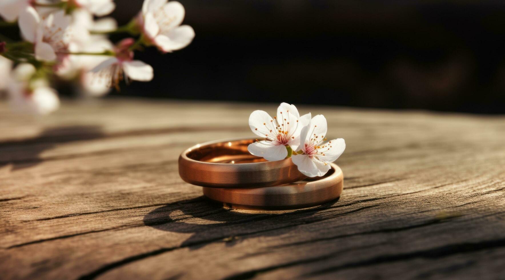 AI generated two wedding rings on top of a piece of wood photo