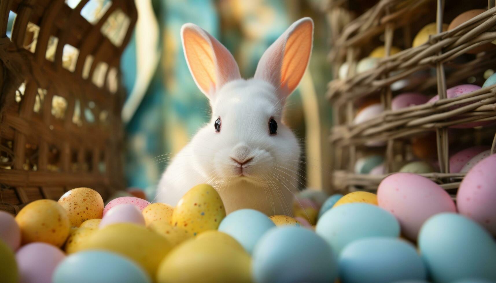 AI generated white rabbit in front of large basket of eggs photo