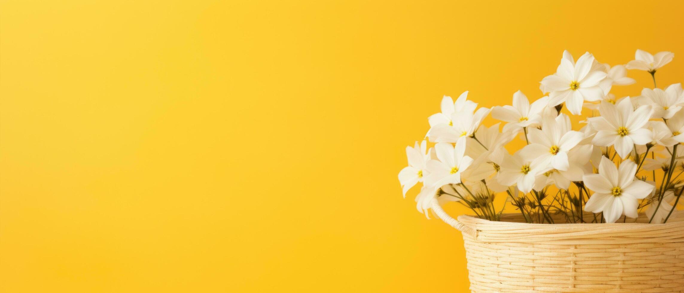AI generated white flower container in a basket over a yellow background photo