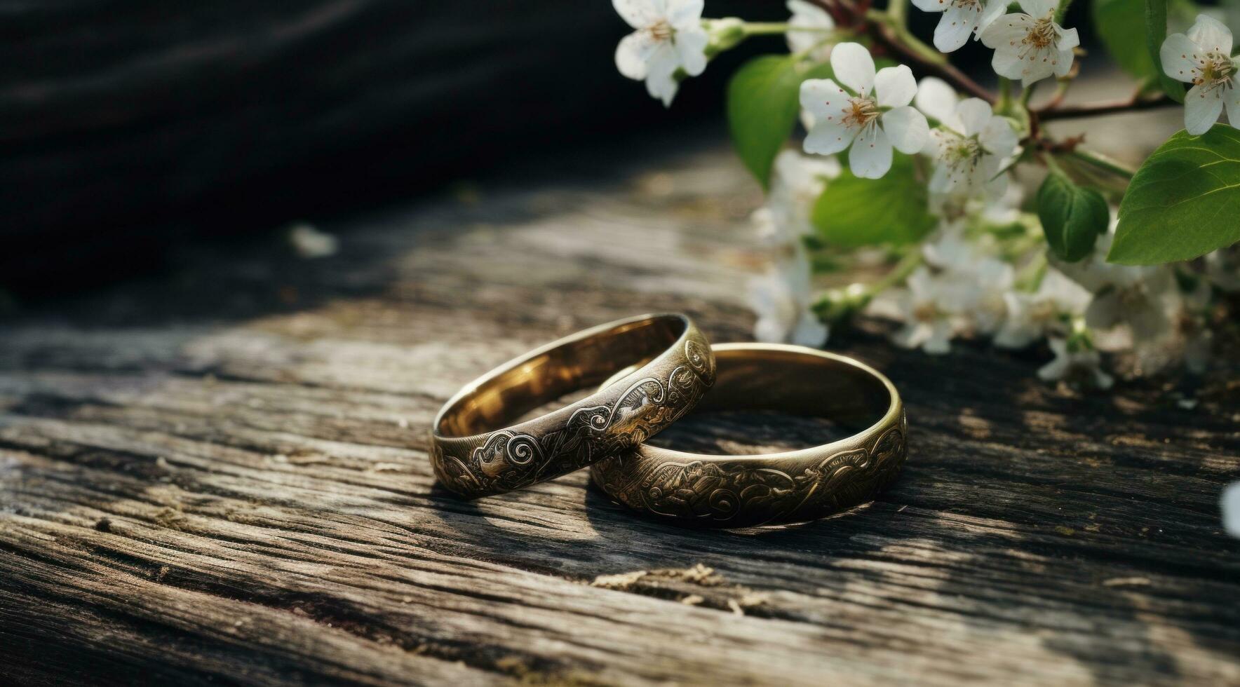 AI generated two wedding rings on top of a piece of wood photo