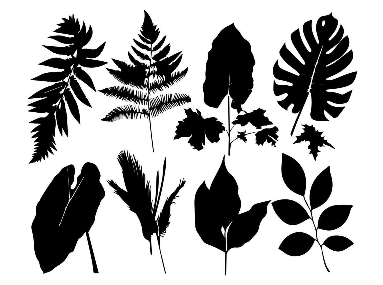 Set of black silhouettes of leaves and flowers. Vector illustration.