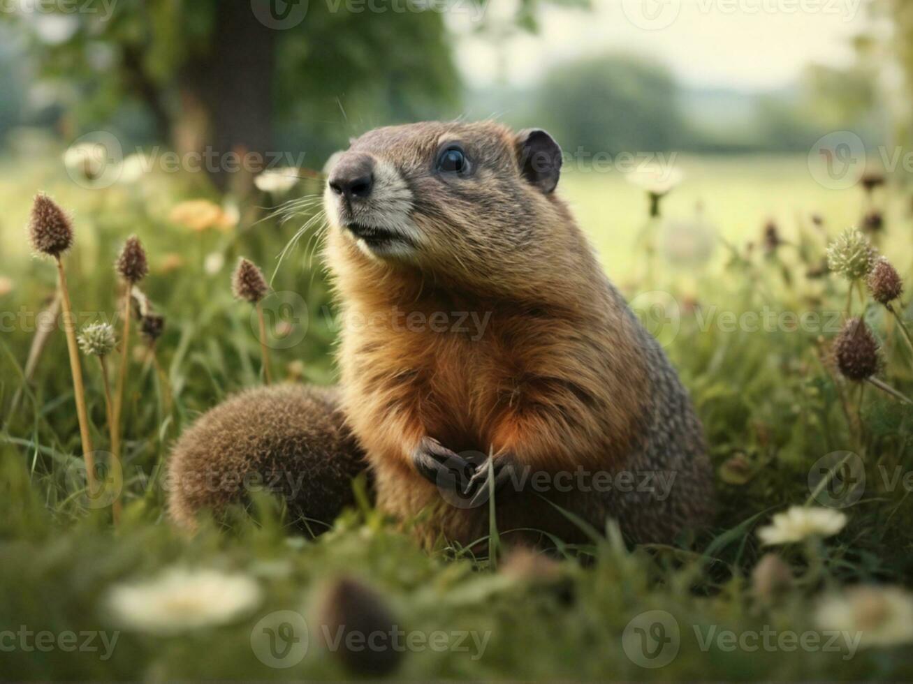 Groundhog in grass field garden  on Groundhog Day photo