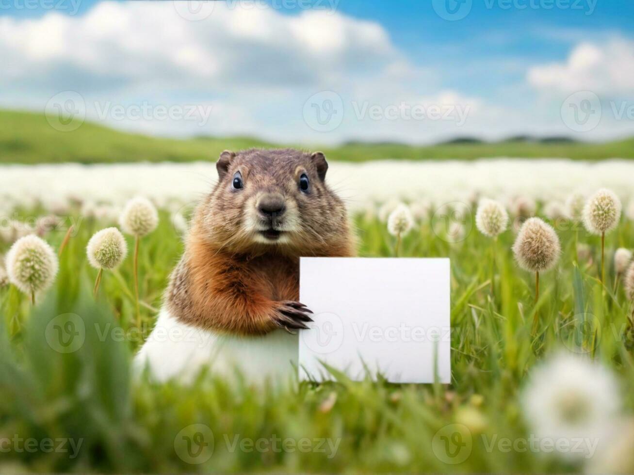 Groundhog in grass field garden and holding a blank white card on Groundhog Day photo