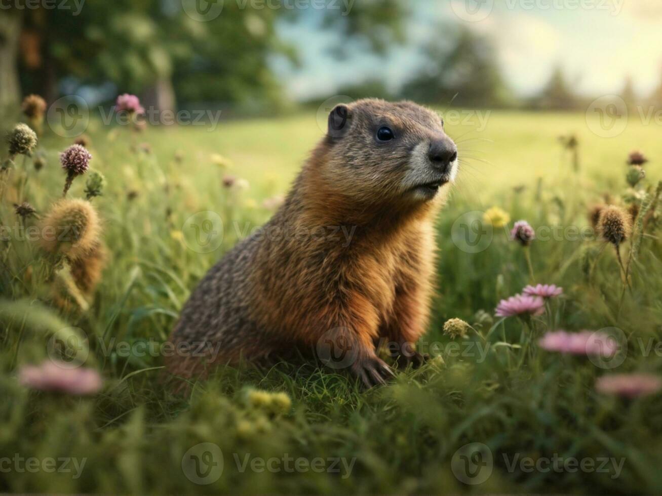 Groundhog in grass field garden  on Groundhog Day photo
