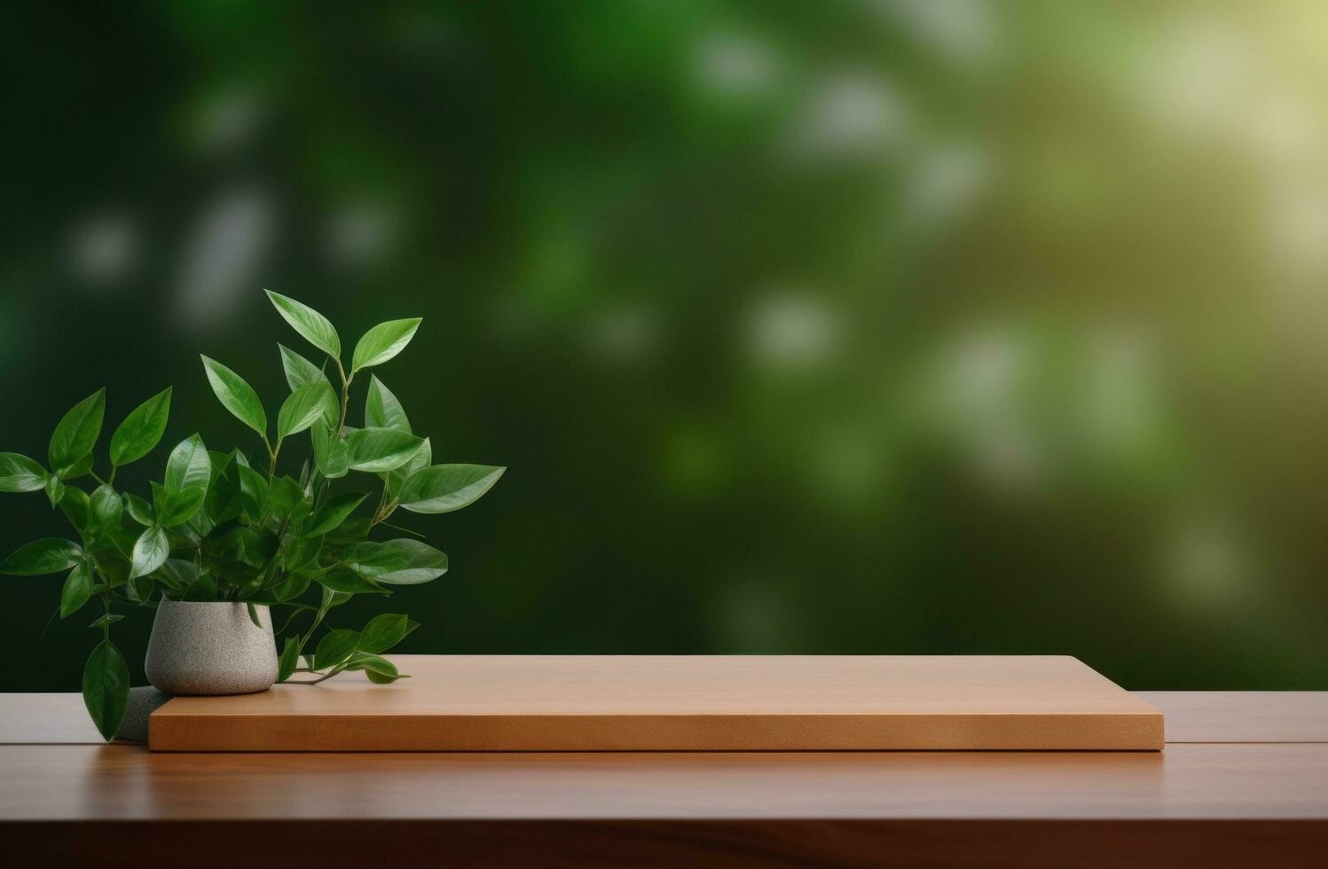 AI generated wooden board on top of green leafy plant photo