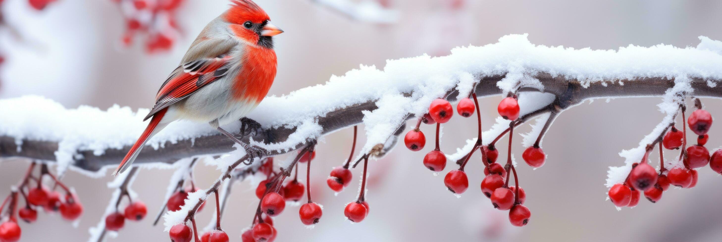 AI generated a bird perched in a branch with red berries photo