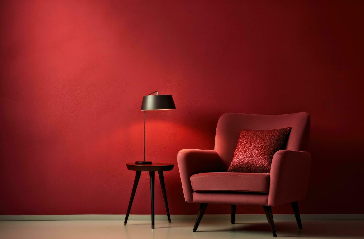 AI generated a chair sits next to a red wall and a red lamp photo