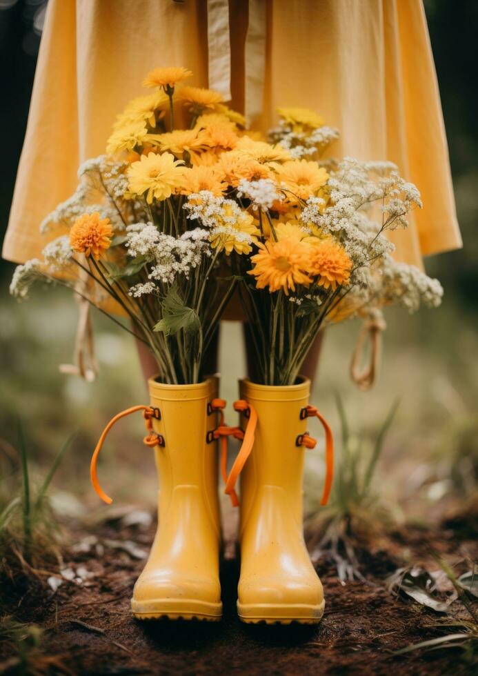 ai generado amarillo lluvia botas participación amarillo flor foto