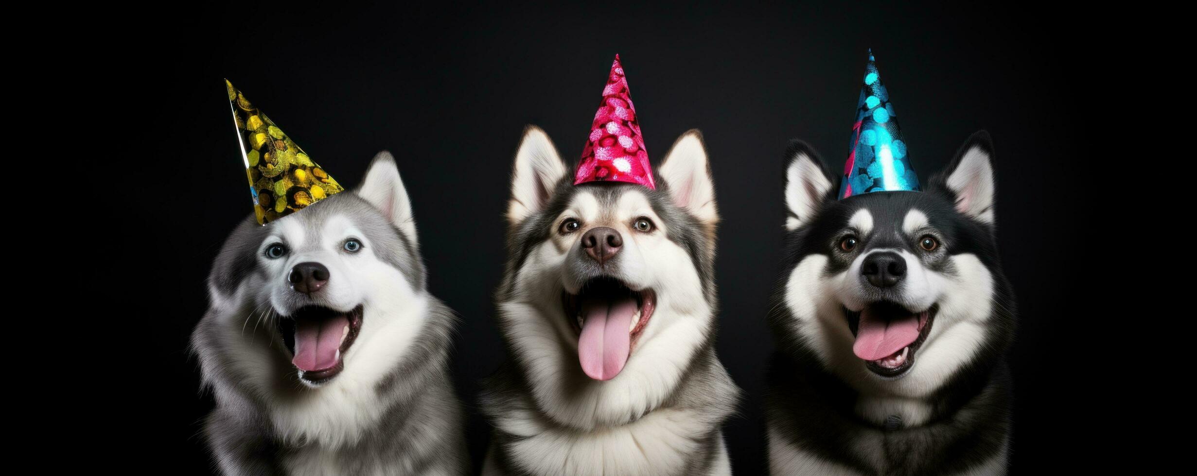 ai generado Tres perros en fiesta sombreros en pie terminado un negro antecedentes foto