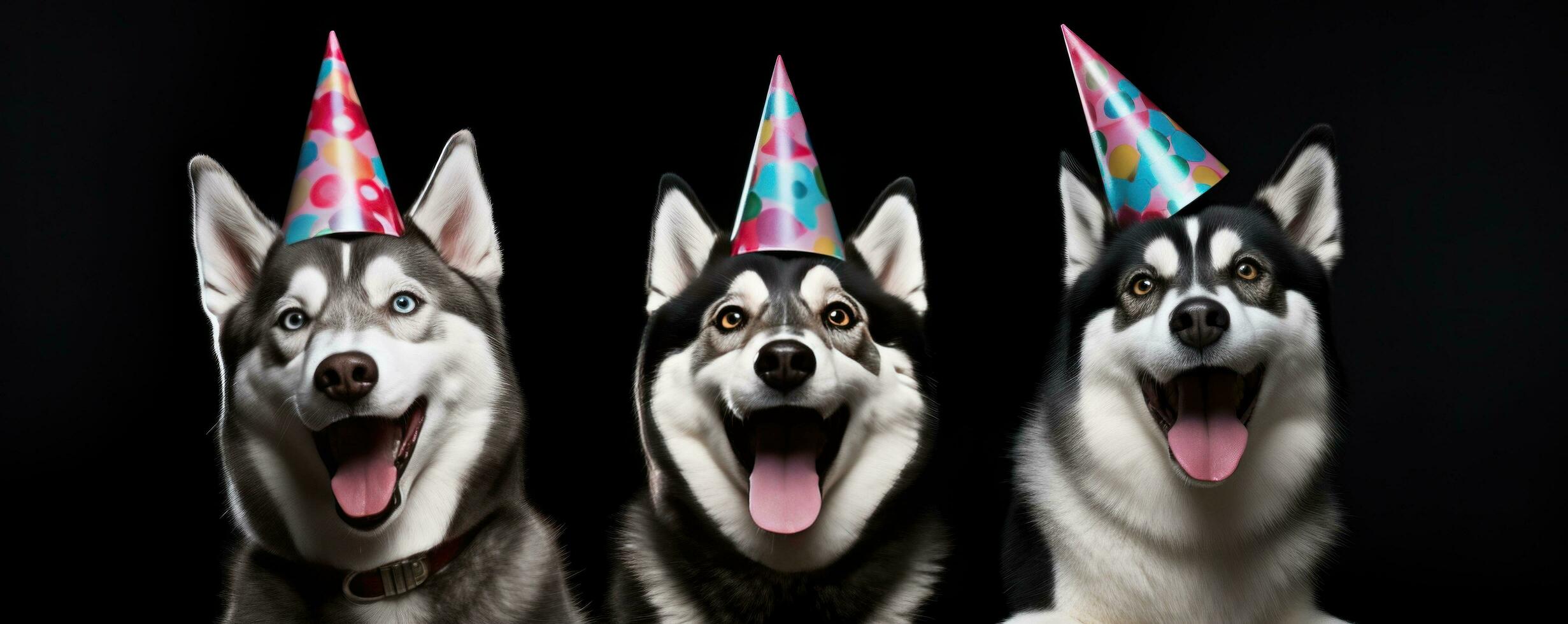 AI generated Three dogs in party hats standing over a black background photo