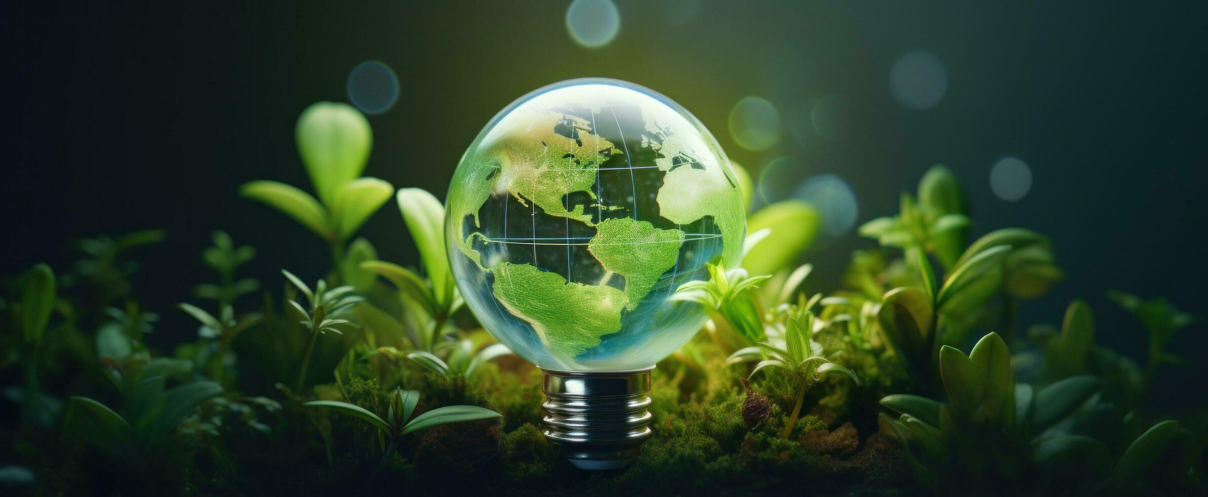 AI generated a light bulb is filled with a world map that is green and decorated with green leaves photo