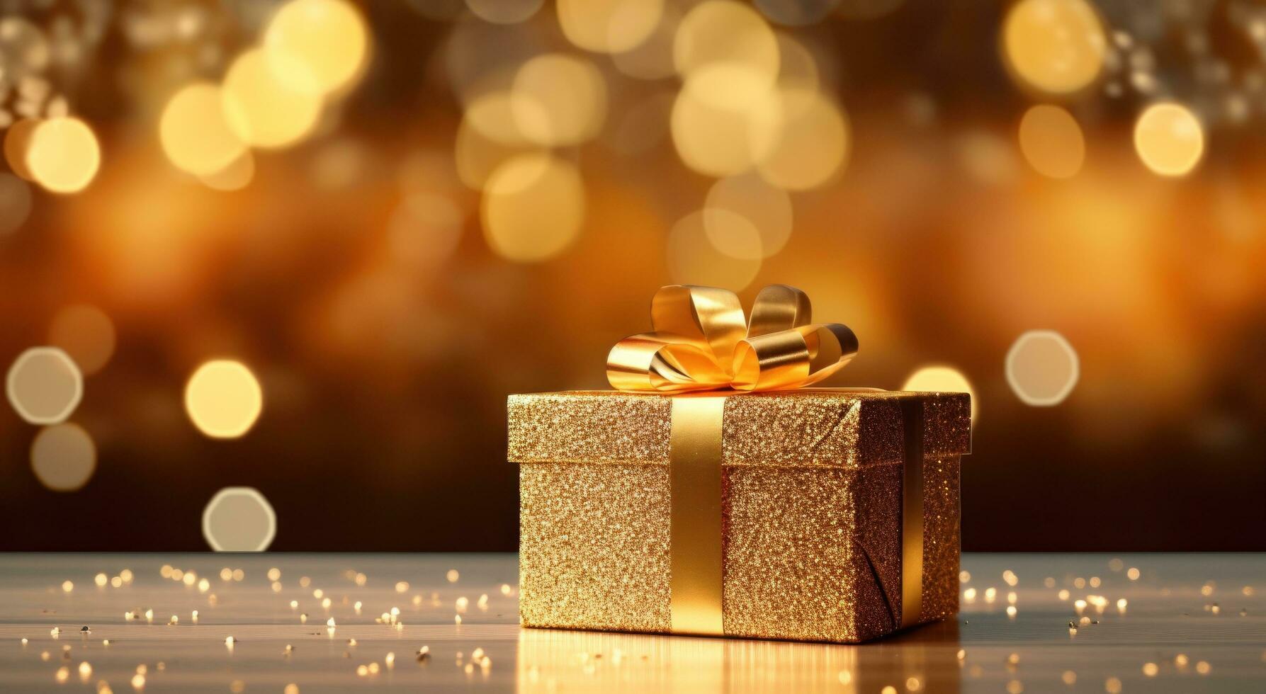 AI generated golden present box on a table photo