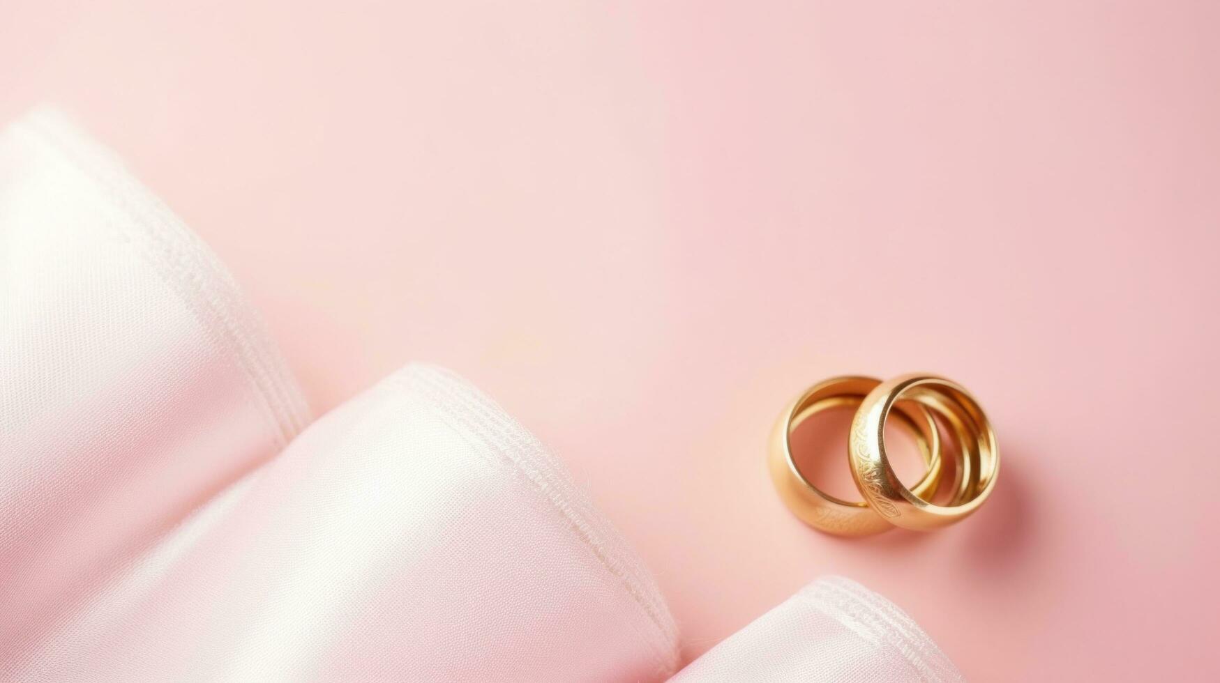 AI generated pink pastel valentines day background with copy space and wedding golden rings photo