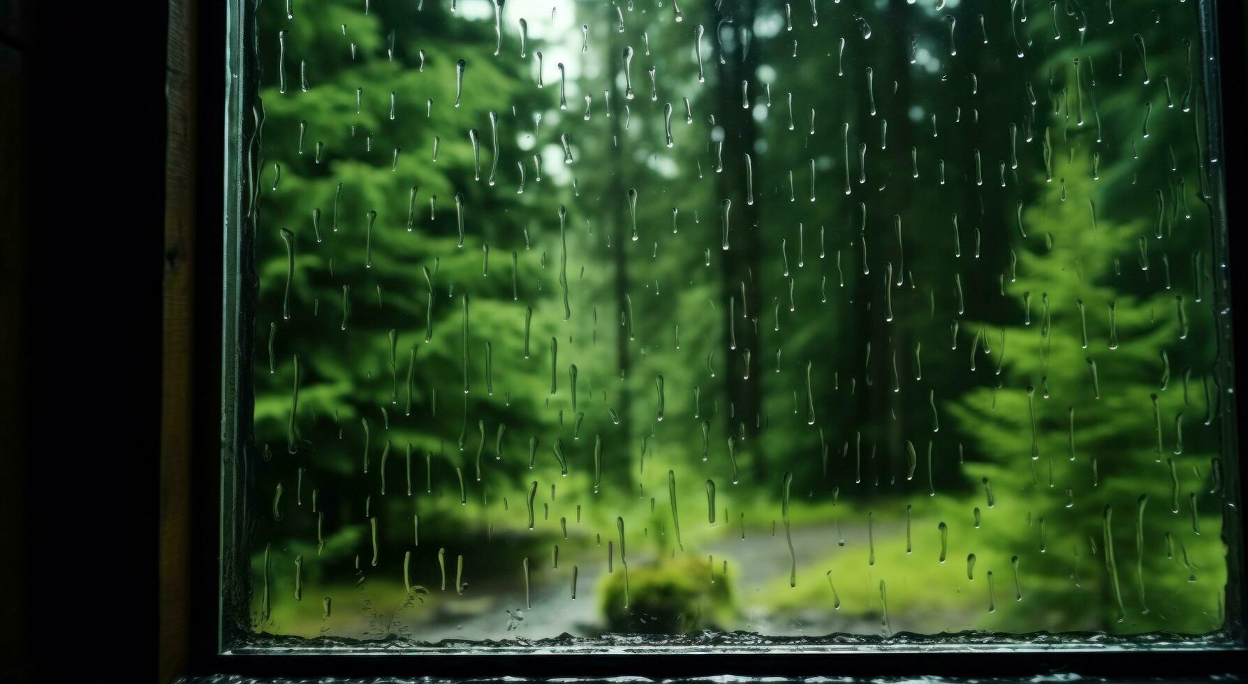 AI generated head from window of a cabin in forest photo
