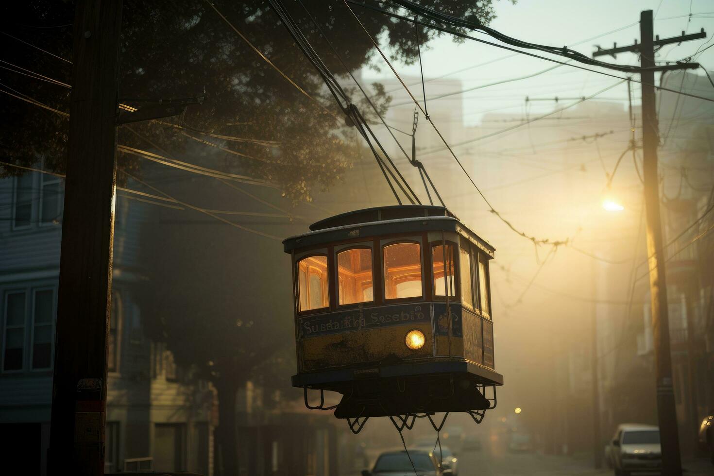 ai generado tranvía en el mañana, chiang Mai, tailandia, un cable coche colgando desde un telaraña de alambres, ai generado foto