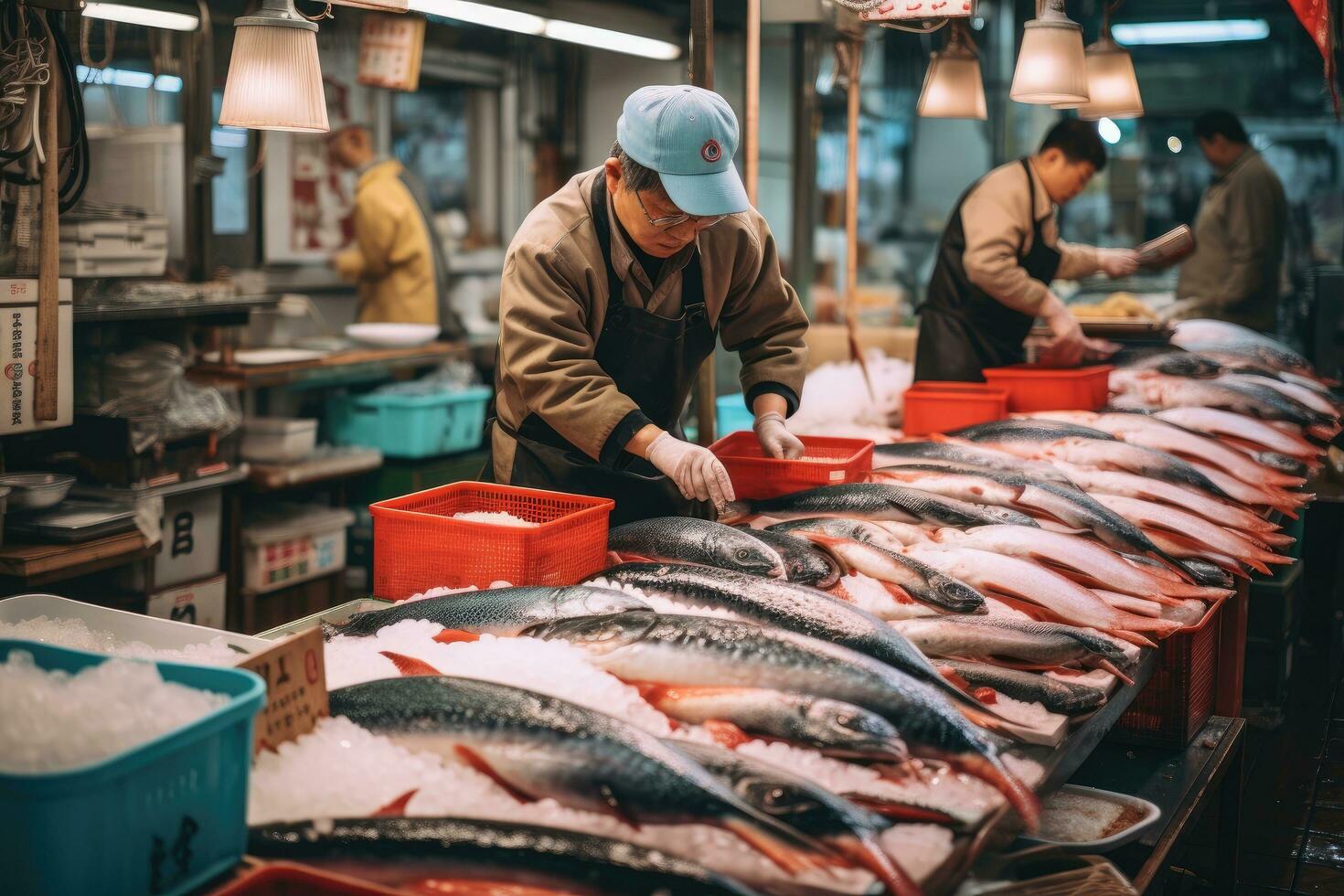 AI generated Unidentified people at fish market in Hong Kong, A bustling fish market in Tokyo, AI Generated photo