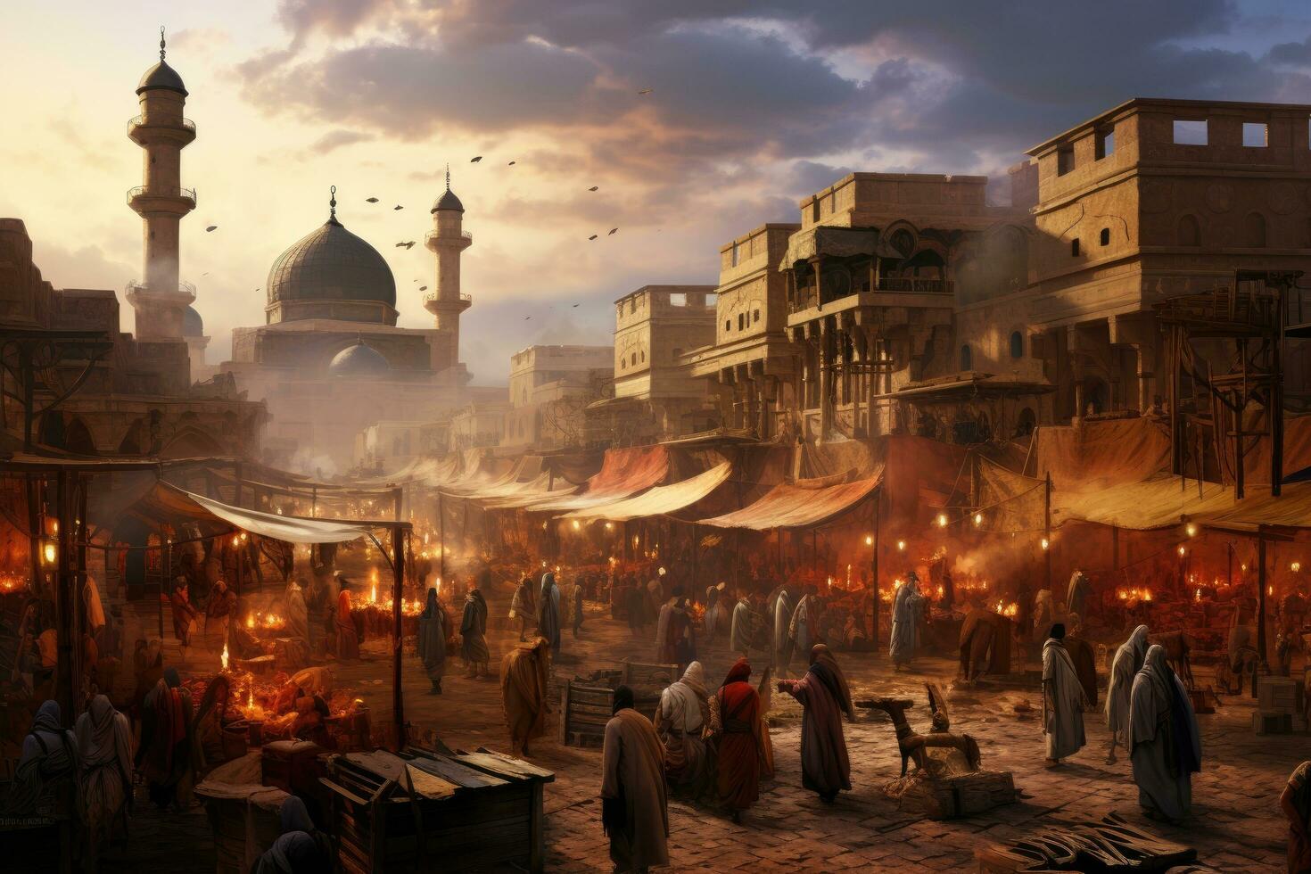 AI generated view of the souk circa September 2014 in Fes, A bustling marketplace in a Middle Eastern town, AI Generated photo