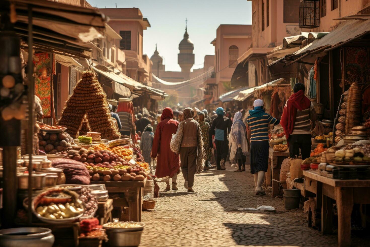 AI generated market in Fes circa September 2014 in Fes, A bustling street market in Morocco, AI Generated photo