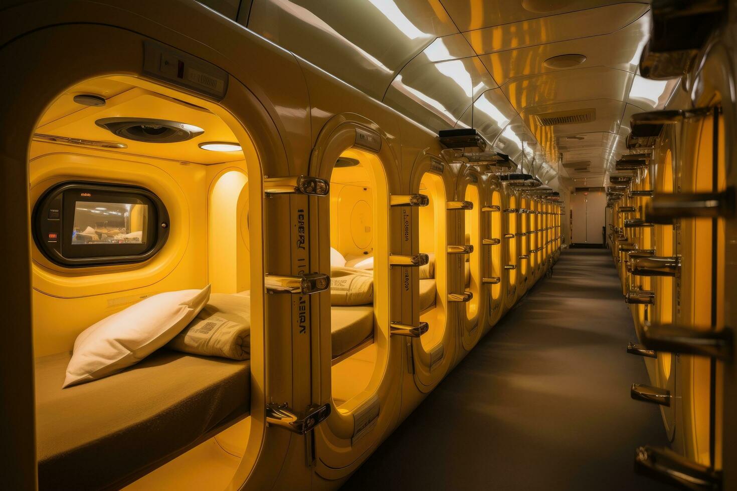 AI generated Interior of an airplane with seats, luggage and sleeping bags, A capsule hotel room in Tokyo with high tech amenities, AI Generated photo