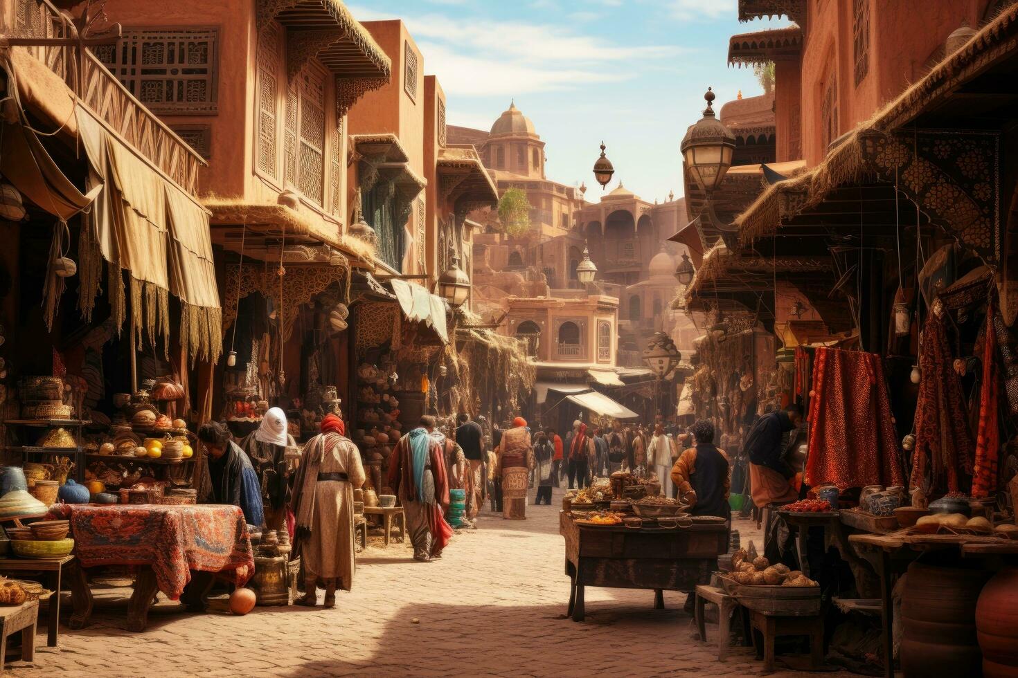 AI generated market in Marrakesh circa January 2017 in Marrakesh, A bustling marketplace in a Middle Eastern town, AI Generated photo