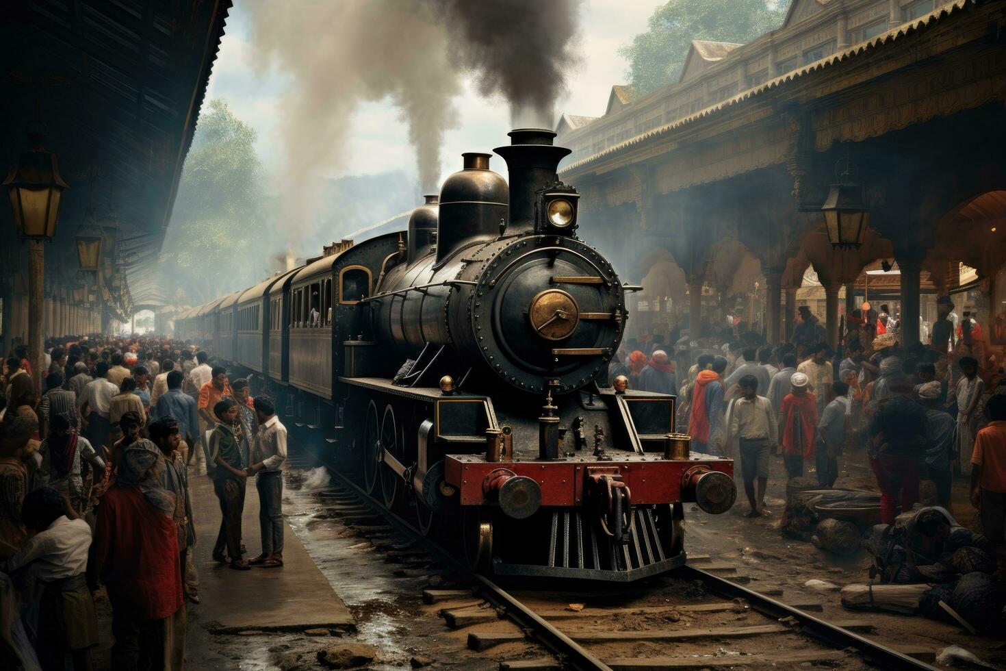 AI generated Vintage steam locomotive at the railway station, Kolkata, India, A bustling railway station in India with a steam engine pulling in, AI Generated photo