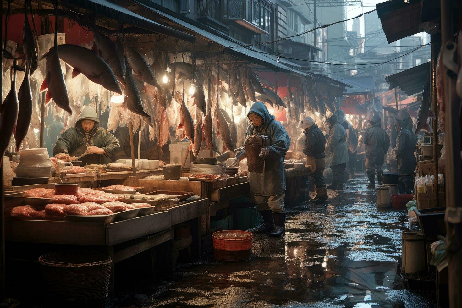 AI generated Unidentified people buying fresh fish at the seafood market in Seoul, A bustling fish market in Tokyo, AI Generated photo