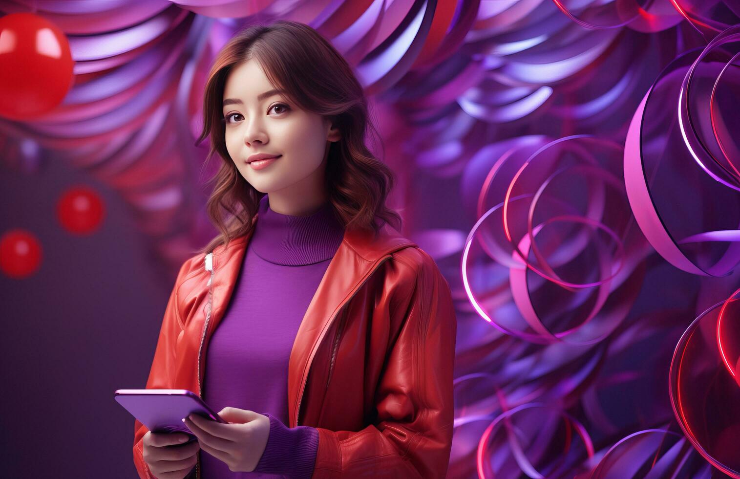 AI generated a girl dressed in purple talking on her phone photo