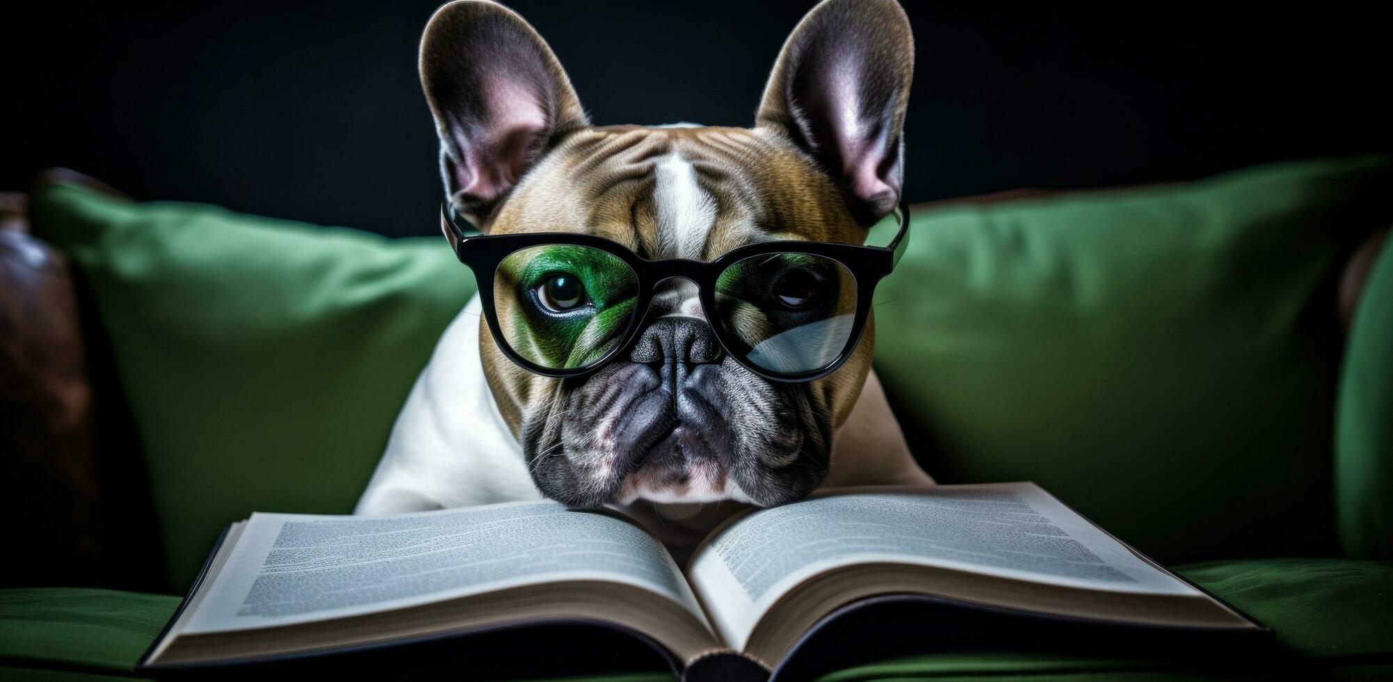 ai generado un perro en lentes lee a el cámara foto