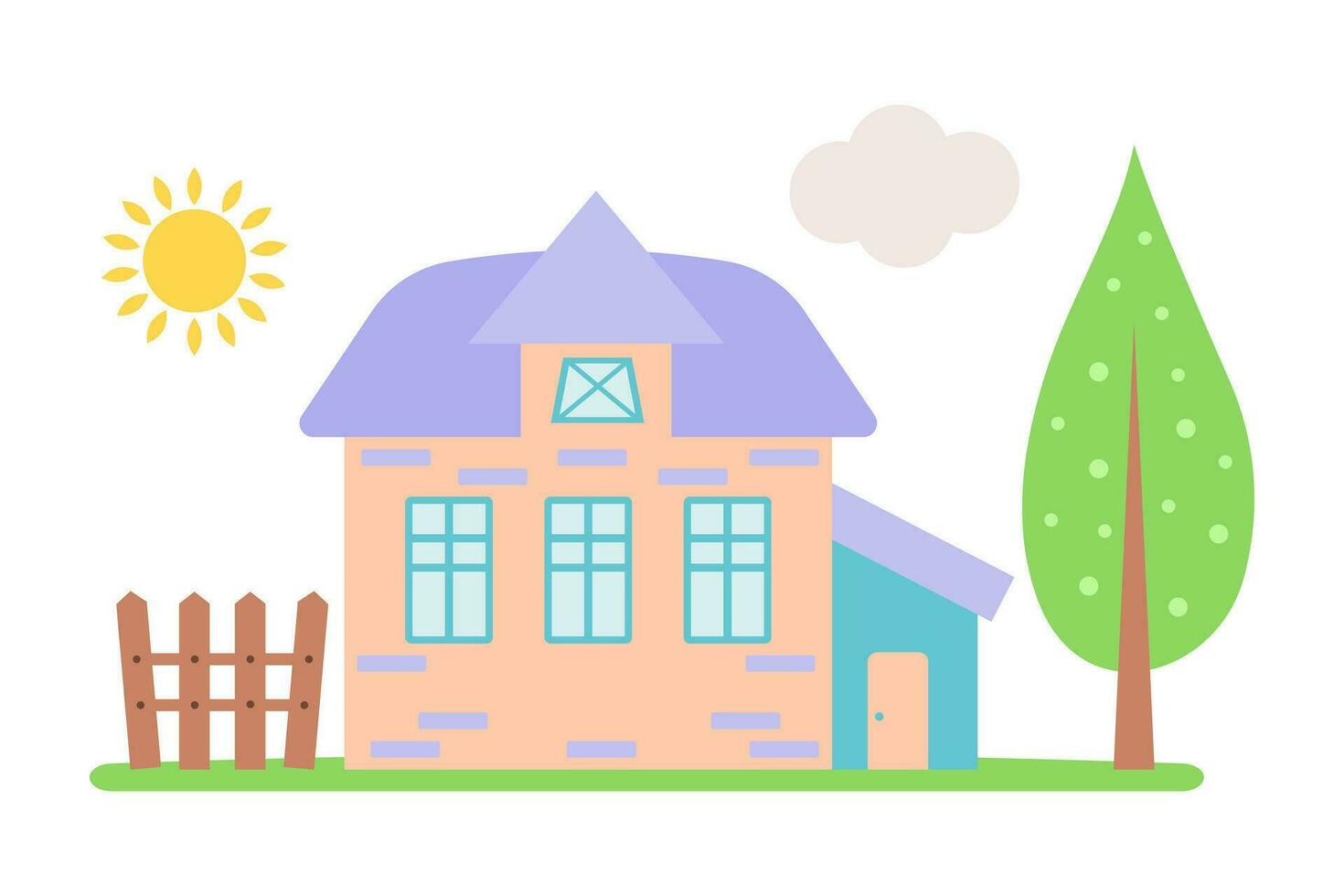 Sweet pastel home with tree, fence, sun and cloud. Cute cartoon dollhouse. Hand drawn vector illustration isolated on white background.