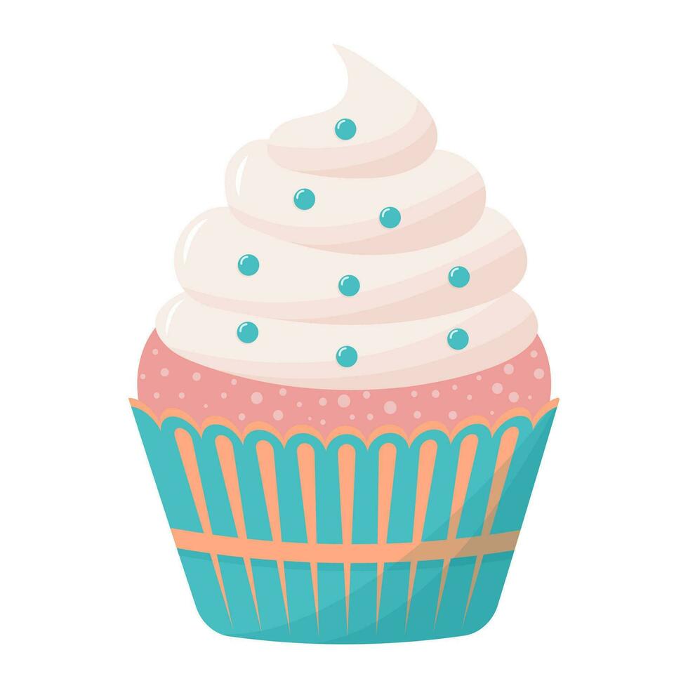 Cupcake with whipped cream. Sweet cream dessert. Vector flat cartoon illustration.