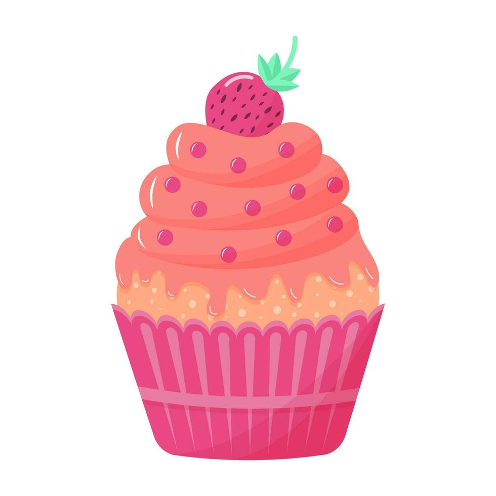 Cupcake with strawberry on top. Sweet cream dessert. Vector flat cartoon illustration.
