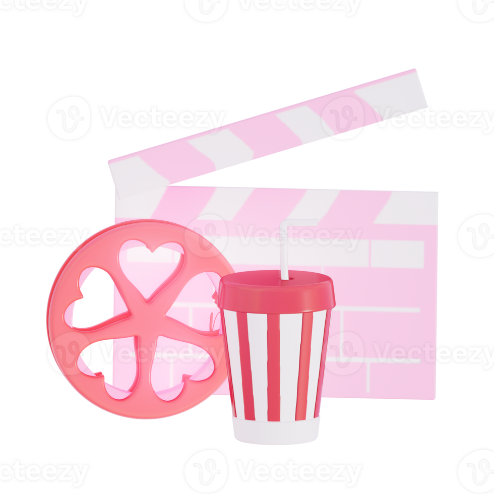 Valentine's movie night clapper board with movie reel and drink on transparent background, 3D rendering png