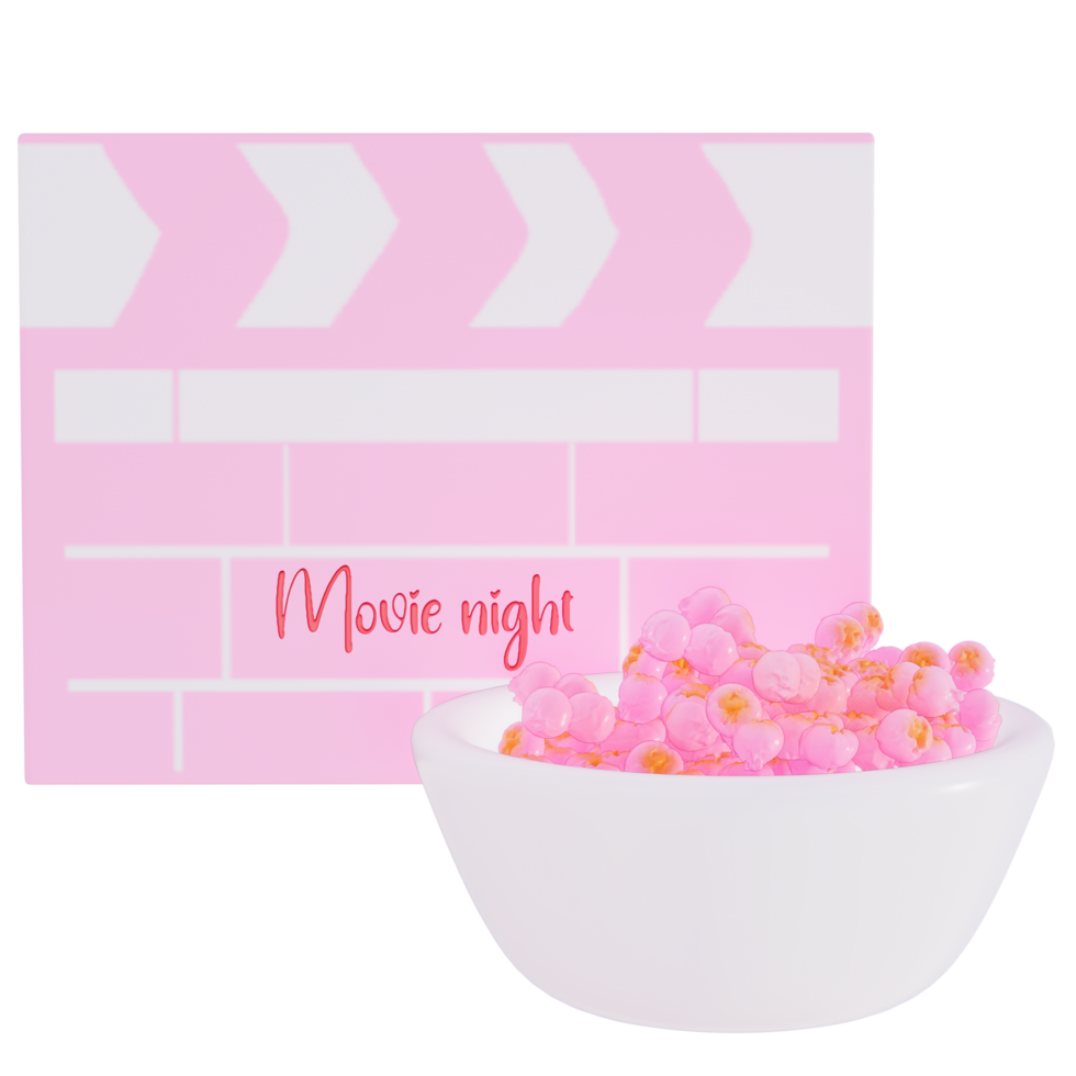 Valentine's movie night strawberry popcorn with clapper board on transparent background, 3D rendering png