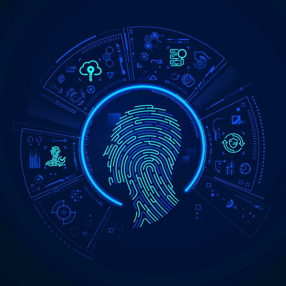 concept of biometrics or digital forensics technology, graphic of fingerprint combined with man head and futuristic element vector